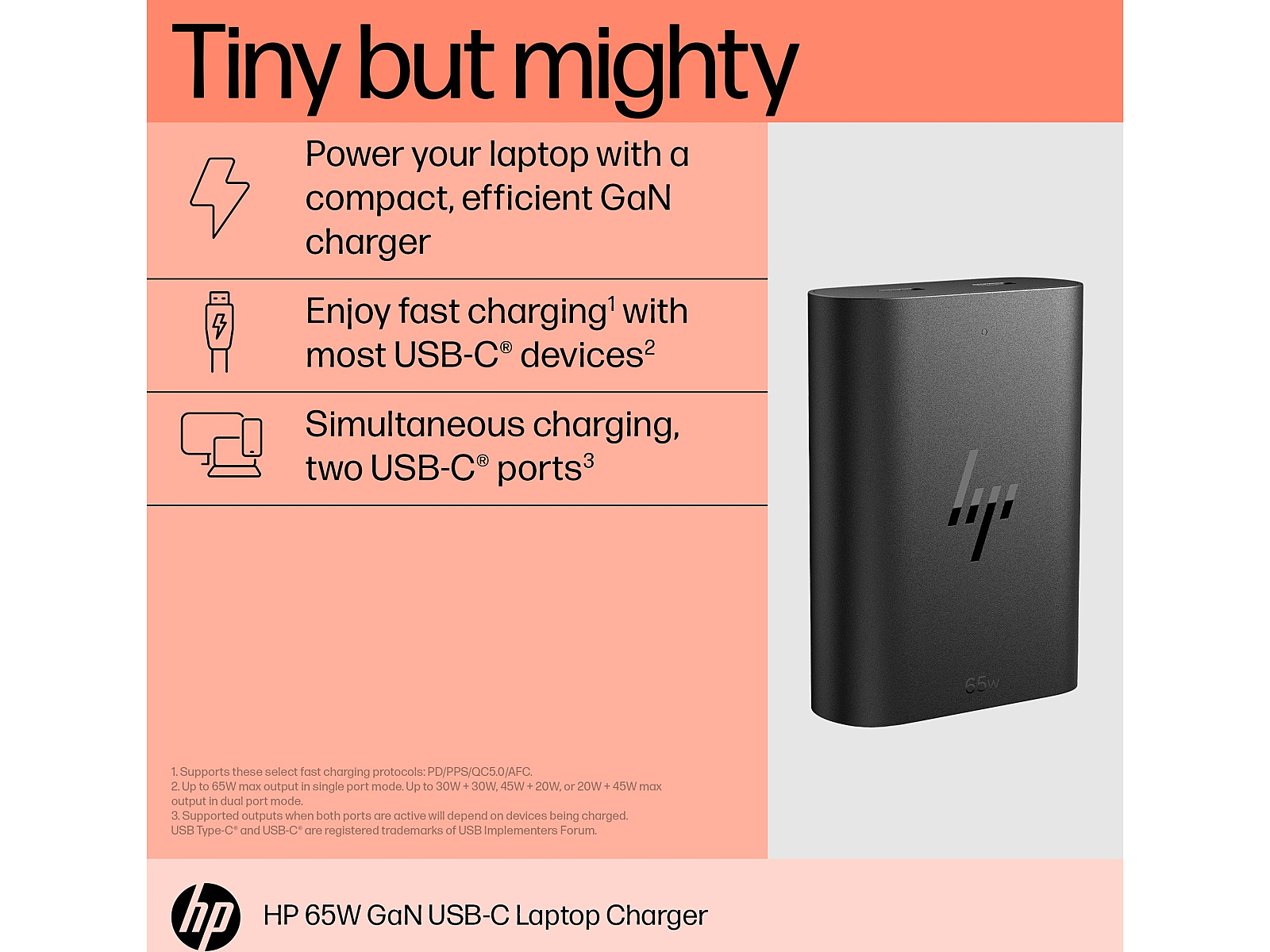 HP USB-C, 65W, GaN, Laptop, Charger